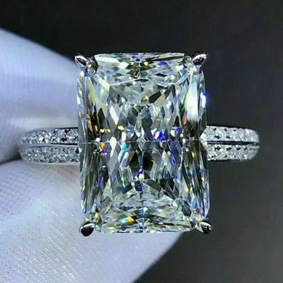 NEW 925 Sterling Silver White Diamond Emerald Radiant Cut Wedding Ring Sapphires - Picture 2 of 15